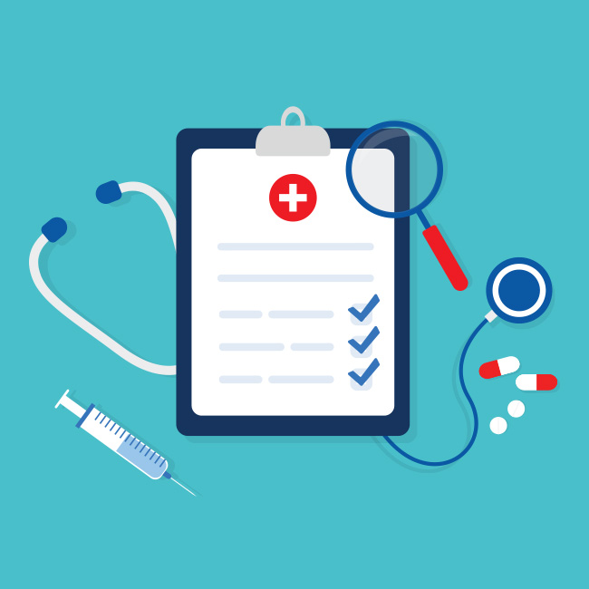 Illustration of a checklist and various medical-related items