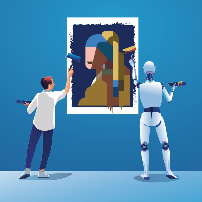 A person and a robot painting a picture together