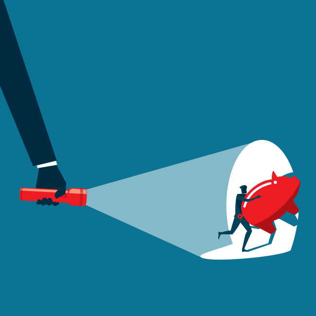 Giant flashlight showing person stealing a piggy bank